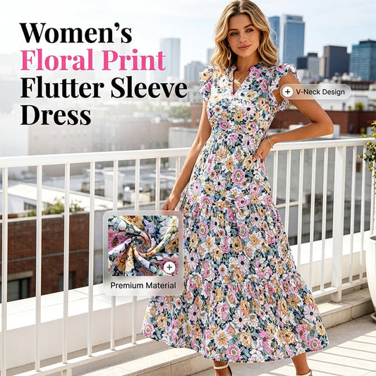 🎆👗LIMITED-TIME 50% OFF! ✨Women's Floral Print Dress with Flutter Sleeve