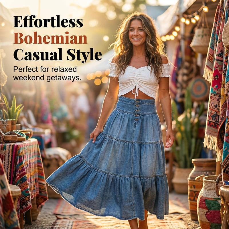👗 LIMITED-TIME 50% OFF! ✨ Denim Maxi Skirt – High Waist, Tiered, A-Line, Button Front ✨