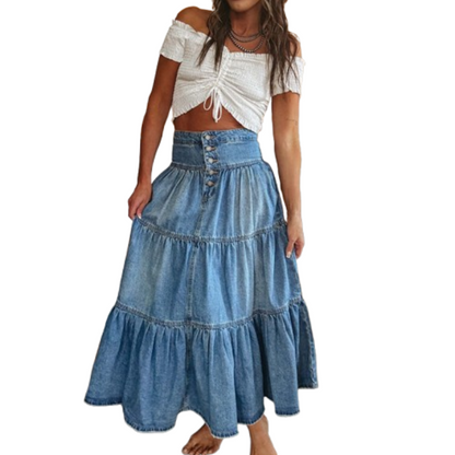 👗 LIMITED-TIME 50% OFF! ✨ Denim Maxi Skirt – High Waist, Tiered, A-Line, Button Front ✨
