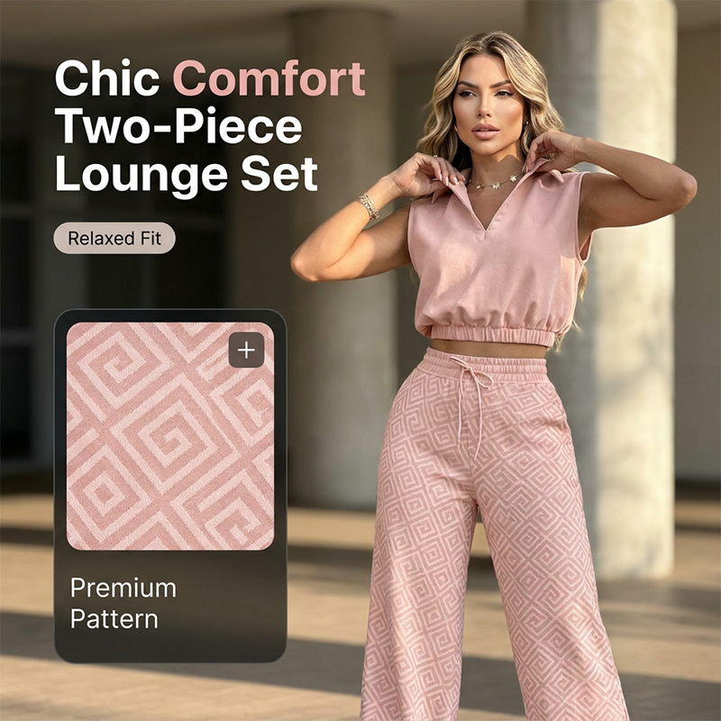 👚 50% OFF NOW!🌸 Women's Two-Piece Lounge Set – Collared Crop Top & Wide-Leg Pants