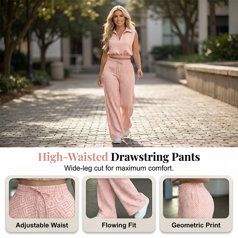 👚 50% OFF NOW!🌸 Women's Two-Piece Lounge Set – Collared Crop Top & Wide-Leg Pants