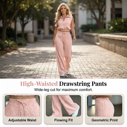 👚 50% OFF NOW!🌸 Women's Two-Piece Lounge Set – Collared Crop Top & Wide-Leg Pants