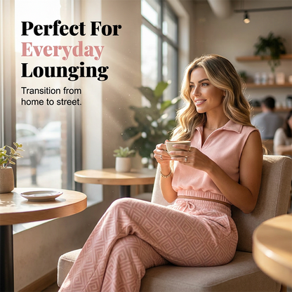 👚 50% OFF NOW!🌸 Women's Two-Piece Lounge Set – Collared Crop Top & Wide-Leg Pants