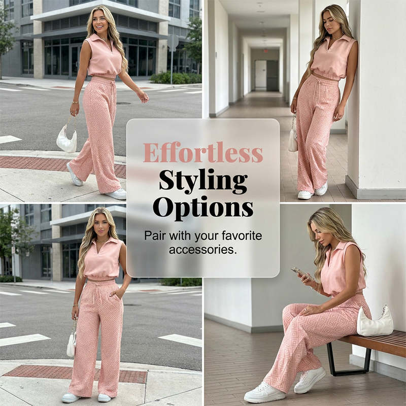 👚 50% OFF NOW!🌸 Women's Two-Piece Lounge Set – Collared Crop Top & Wide-Leg Pants