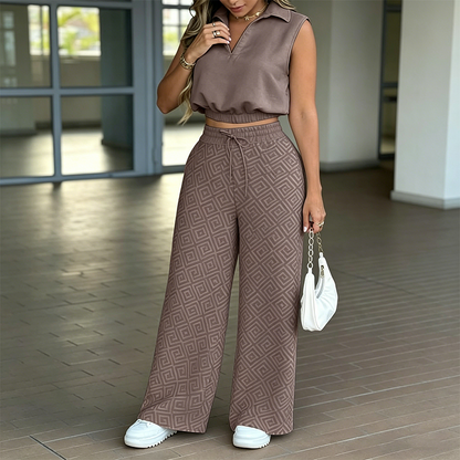 👚 50% OFF NOW!🌸 Women's Two-Piece Lounge Set – Collared Crop Top & Wide-Leg Pants