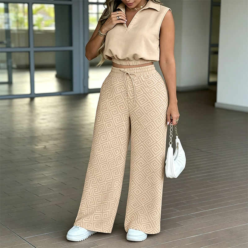 👚 50% OFF NOW!🌸 Women's Two-Piece Lounge Set – Collared Crop Top & Wide-Leg Pants