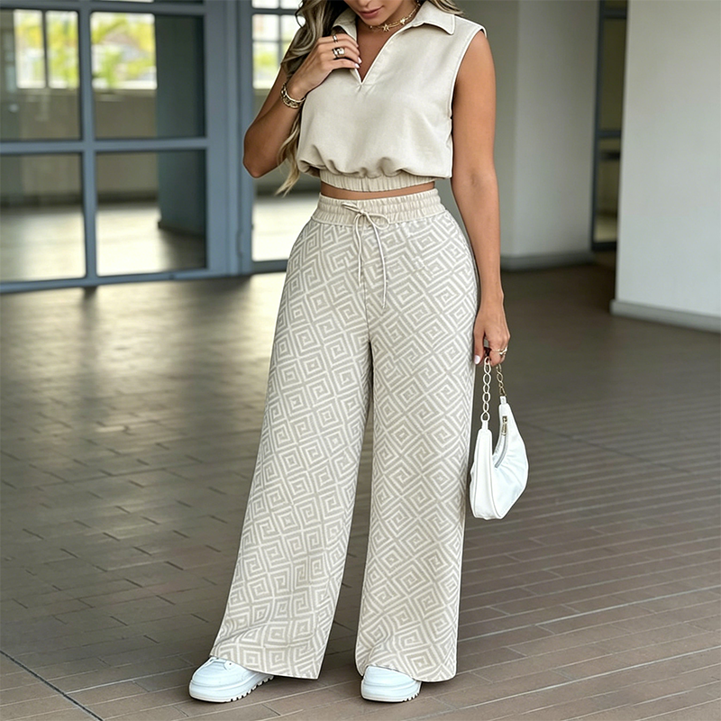 👚 50% OFF NOW!🌸 Women's Two-Piece Lounge Set – Collared Crop Top & Wide-Leg Pants