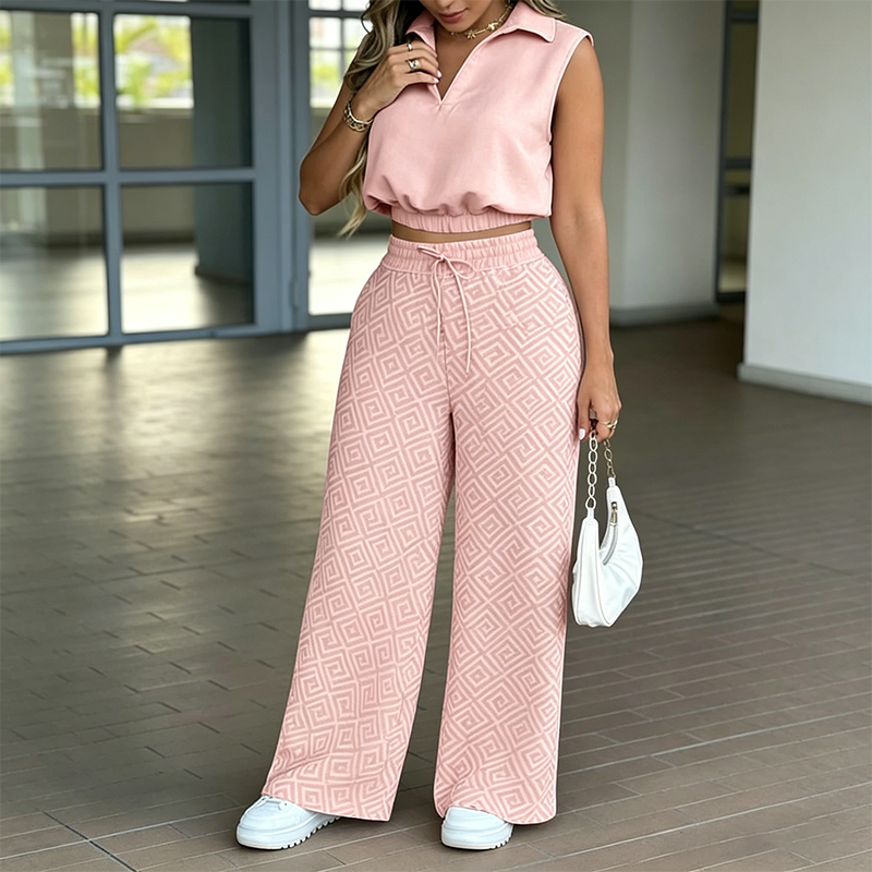 👚 50% OFF NOW!🌸 Women's Two-Piece Lounge Set – Collared Crop Top & Wide-Leg Pants