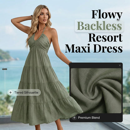📢📢40% OFF !! ⏰Women's Halter Neck Backless Tiered Maxi Dress