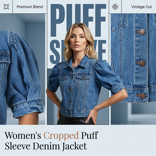 📢📢30% OFF !! ⏰Women's Puff Short Sleeve Cropped Denim Jacket
