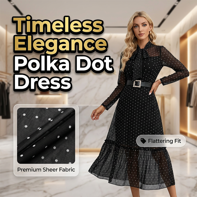 📢📢50% OFF !! ⏰Elegant Polka Dot Tie-Neck Midi Dress 