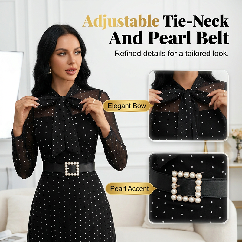 📢📢50% OFF !! ⏰Elegant Polka Dot Tie-Neck Midi Dress 