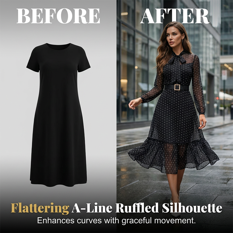 📢📢50% OFF !! ⏰Elegant Polka Dot Tie-Neck Midi Dress 