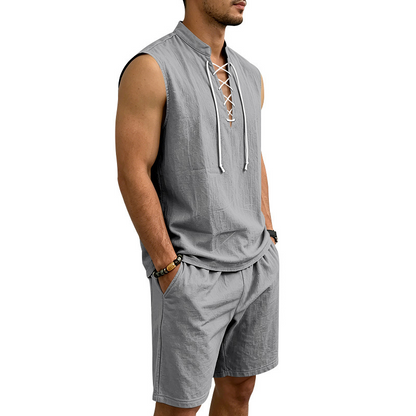 🧵 LIMITED-TIME 53% OFF! ✨ Men's Linen Sleeveless Set – Top & Shorts, Lace-Up, 7 Colors ☀️