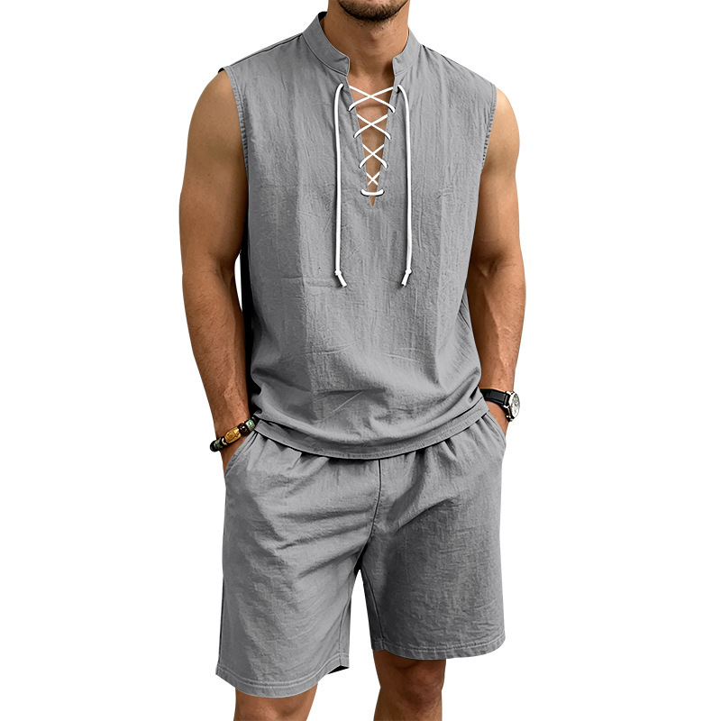 🧵 LIMITED-TIME 53% OFF! ✨ Men's Linen Sleeveless Set – Top & Shorts, Lace-Up, 7 Colors ☀️