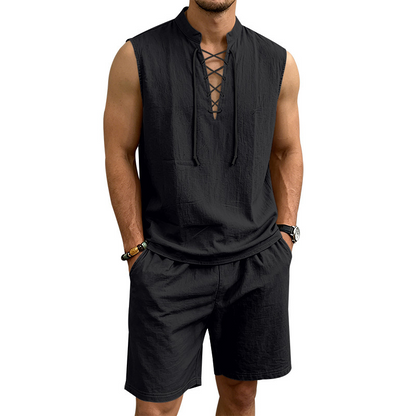 🧵 LIMITED-TIME 53% OFF! ✨ Men's Linen Sleeveless Set – Top & Shorts, Lace-Up, 7 Colors ☀️