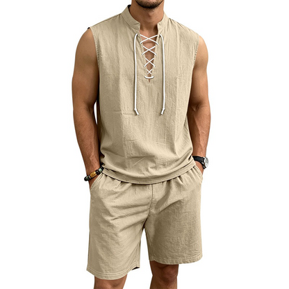 🧵 LIMITED-TIME 53% OFF! ✨ Men's Linen Sleeveless Set – Top & Shorts, Lace-Up, 7 Colors ☀️