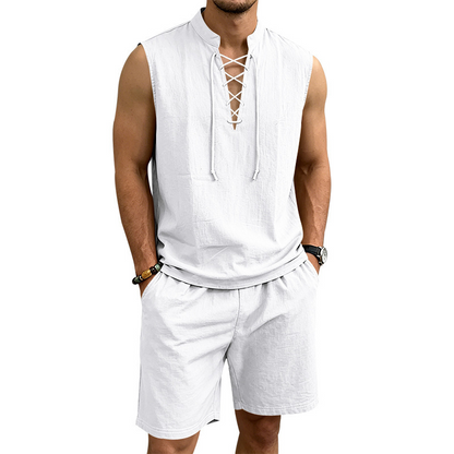 🧵 LIMITED-TIME 53% OFF! ✨ Men's Linen Sleeveless Set – Top & Shorts, Lace-Up, 7 Colors ☀️