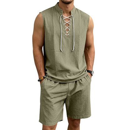 🧵 LIMITED-TIME 53% OFF! ✨ Men's Linen Sleeveless Set – Top & Shorts, Lace-Up, 7 Colors ☀️