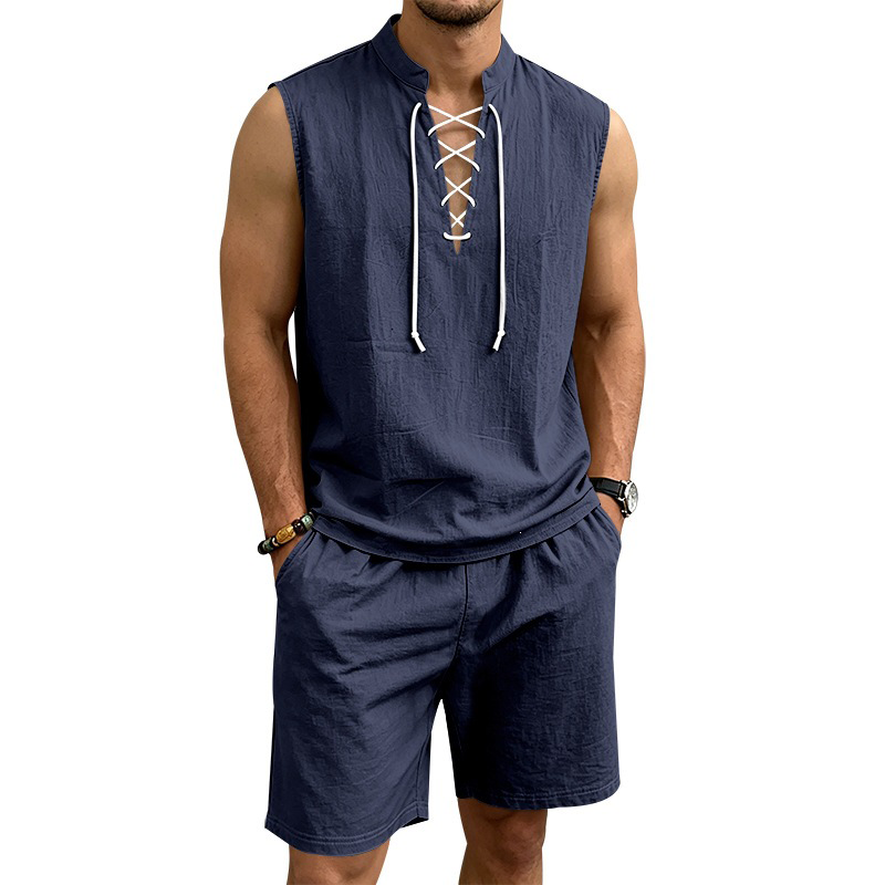 🧵 LIMITED-TIME 53% OFF! ✨ Men's Linen Sleeveless Set – Top & Shorts, Lace-Up, 7 Colors ☀️