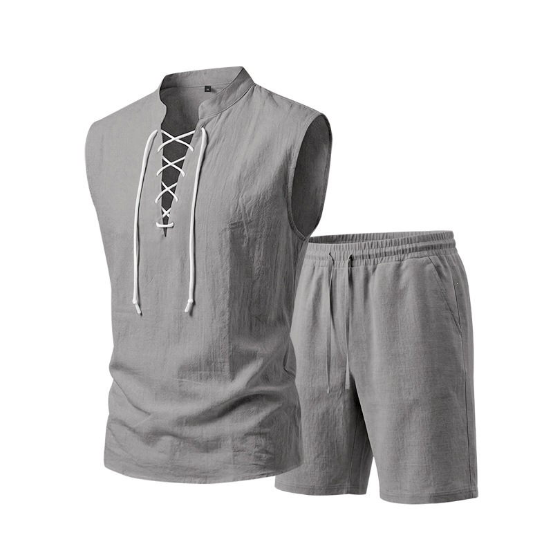 🧵 LIMITED-TIME 53% OFF! ✨ Men's Linen Sleeveless Set – Top & Shorts, Lace-Up, 7 Colors ☀️