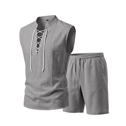 🧵 LIMITED-TIME 53% OFF! ✨ Men's Linen Sleeveless Set – Top & Shorts, Lace-Up, 7 Colors ☀️