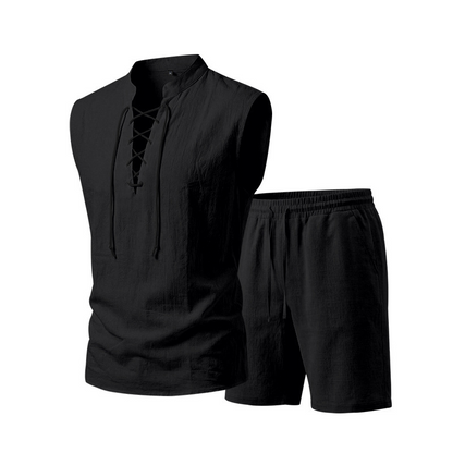 🧵 LIMITED-TIME 53% OFF! ✨ Men's Linen Sleeveless Set – Top & Shorts, Lace-Up, 7 Colors ☀️