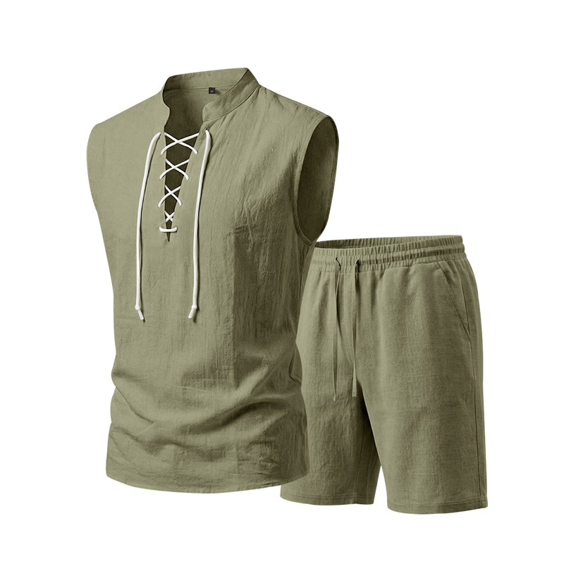 🧵 LIMITED-TIME 53% OFF! ✨ Men's Linen Sleeveless Set – Top & Shorts, Lace-Up, 7 Colors ☀️