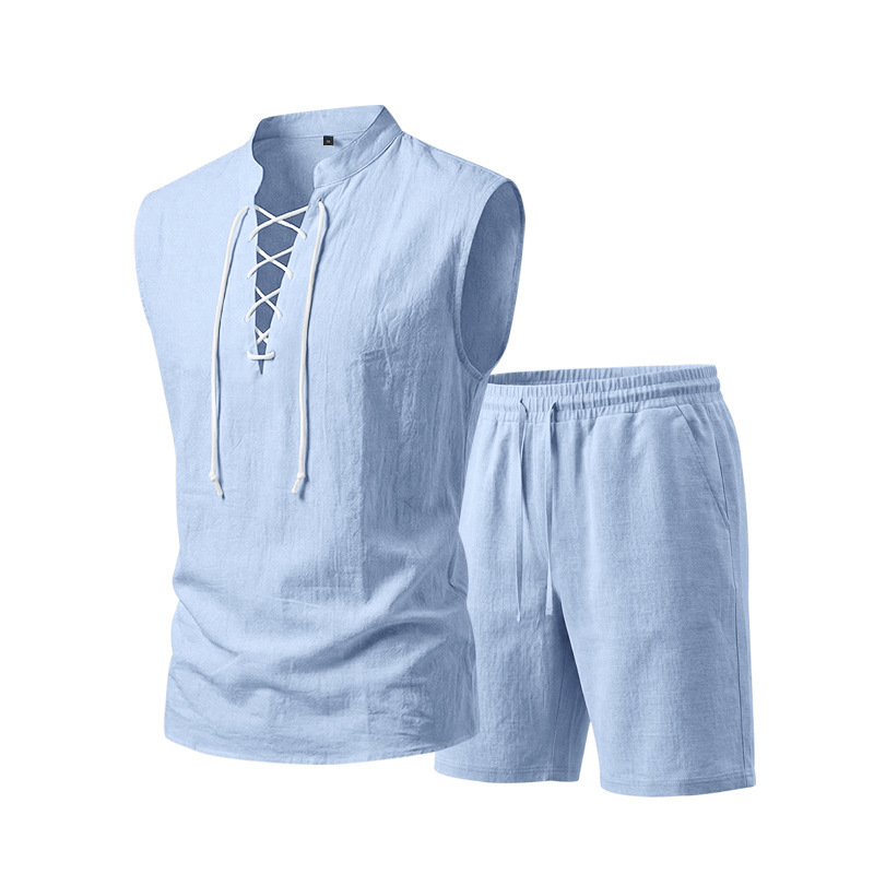 🧵 LIMITED-TIME 53% OFF! ✨ Men's Linen Sleeveless Set – Top & Shorts, Lace-Up, 7 Colors ☀️