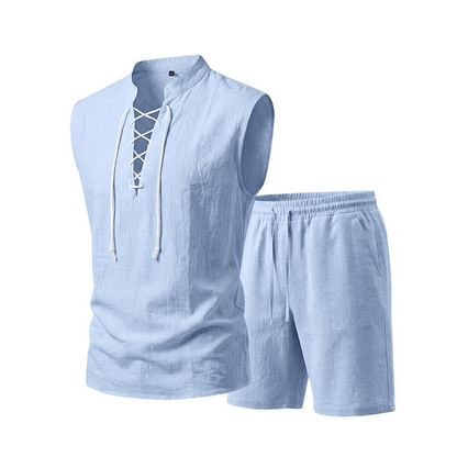 🧵 LIMITED-TIME 53% OFF! ✨ Men's Linen Sleeveless Set – Top & Shorts, Lace-Up, 7 Colors ☀️
