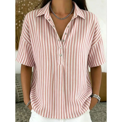 👕 LIMITED-TIME 50% OFF! ✨ Women's Striped Short-Sleeve Shirt – Relaxed Fit, V Neck, 9 Colors 🍂