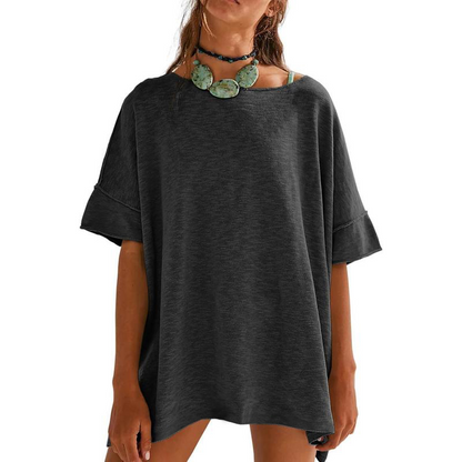 Women's Solid Color Loose Fit Boat Neck Top