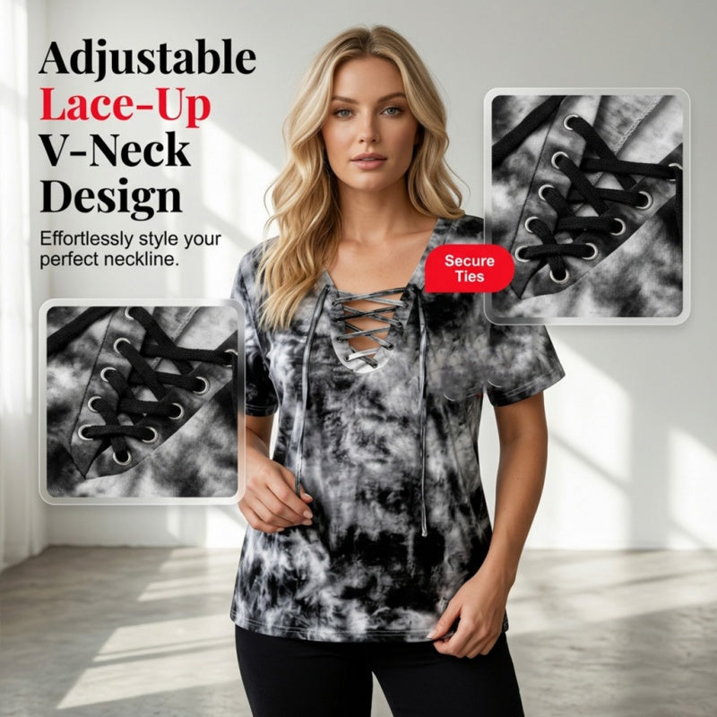 🎁New Arrival 50% OFF💥Women's Tie-Dye T-Shirt with Lacing and V-Neck
