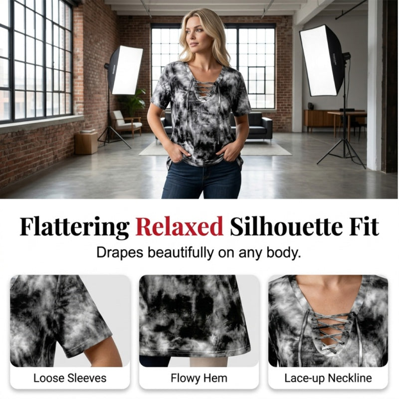 🎁New Arrival 50% OFF💥Women's Tie-Dye T-Shirt with Lacing and V-Neck