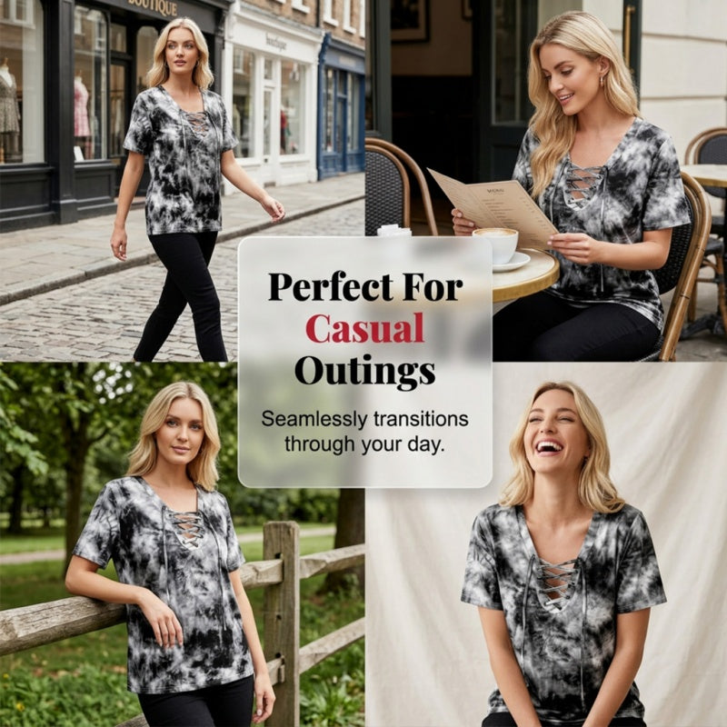 🎁New Arrival 50% OFF💥Women's Tie-Dye T-Shirt with Lacing and V-Neck