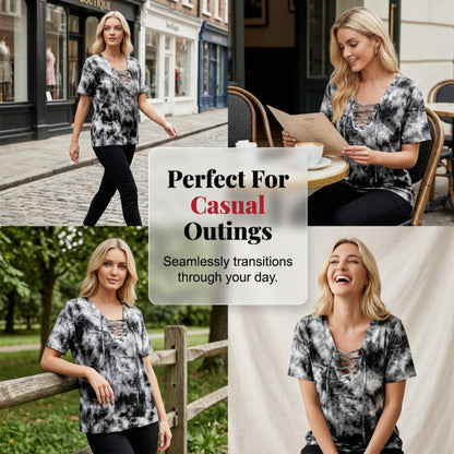 🎁New Arrival 50% OFF💥Women's Tie-Dye T-Shirt with Lacing and V-Neck