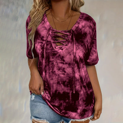 🎁New Arrival 50% OFF💥Women's Tie-Dye T-Shirt with Lacing and V-Neck