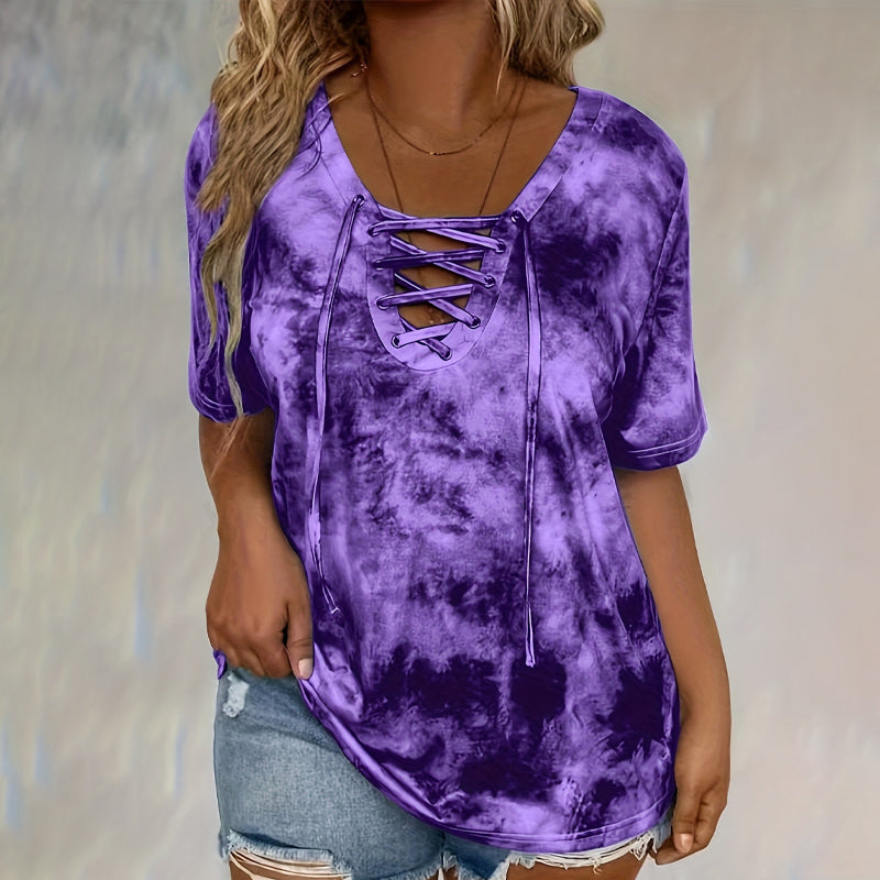 🎁New Arrival 50% OFF💥Women's Tie-Dye T-Shirt with Lacing and V-Neck