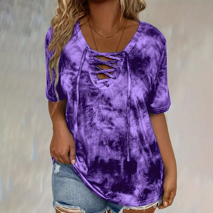 🎁New Arrival 50% OFF💥Women's Tie-Dye T-Shirt with Lacing and V-Neck