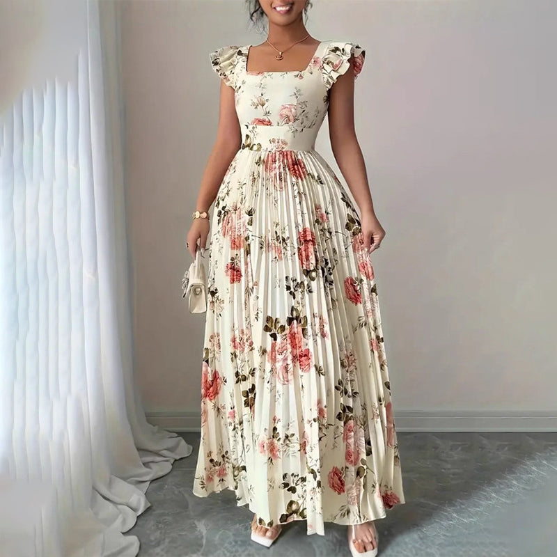 Elegant Floral Print Pleated Maxi Dress
