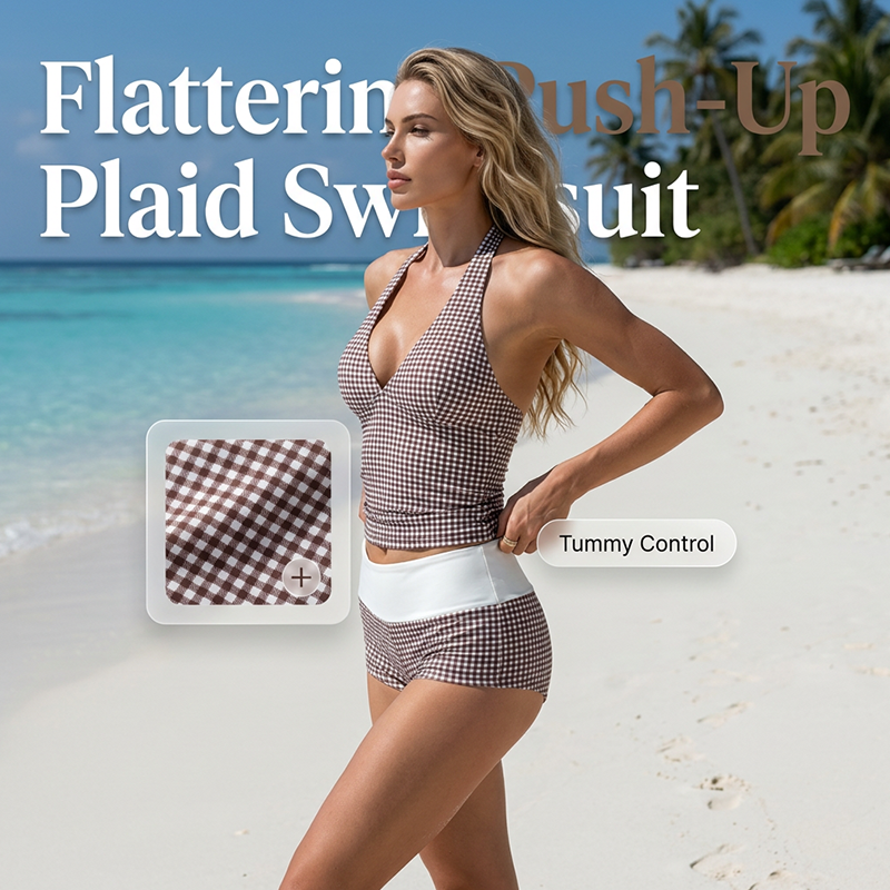 Women's Checkered Swimsuit Set with V-neck Top and Shorts