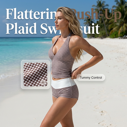 Women's Checkered Swimsuit Set with V-neck Top and Shorts