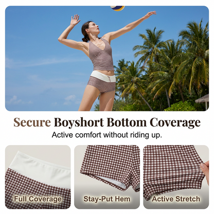 Women's Checkered Swimsuit Set with V-neck Top and Shorts