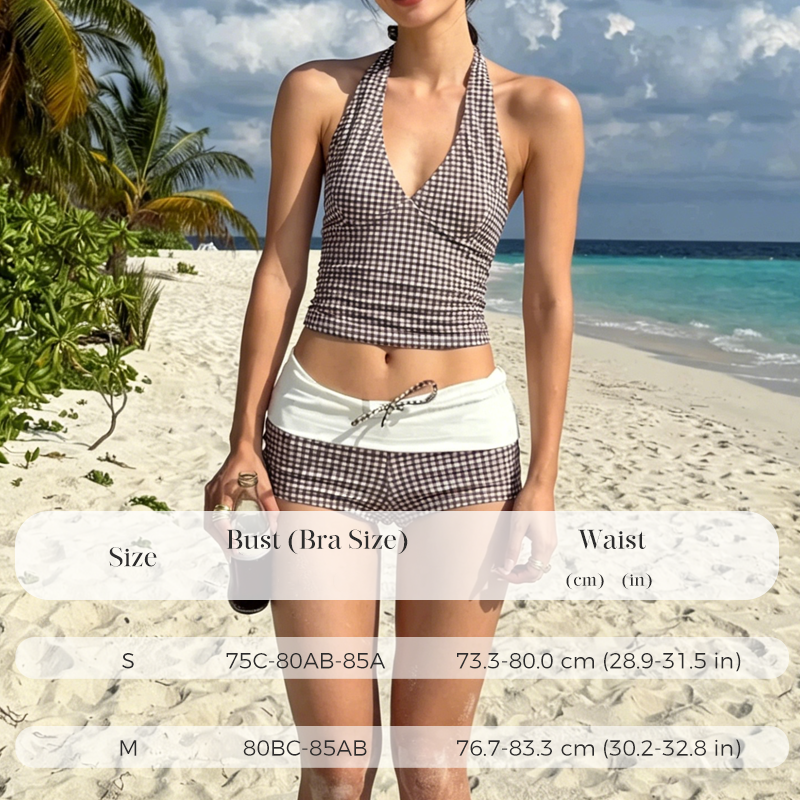 Women's Checkered Swimsuit Set with V-neck Top and Shorts