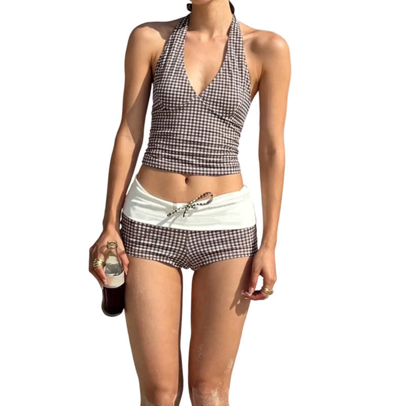 Women's Checkered Swimsuit Set with V-neck Top and Shorts