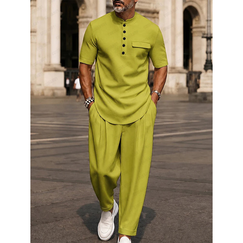 Men's Modern Casual Band Collar Two-Piece Set