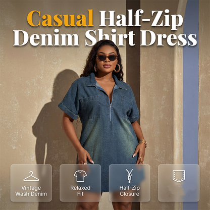 Women's Casual Half-Zip Denim Shirt Dress