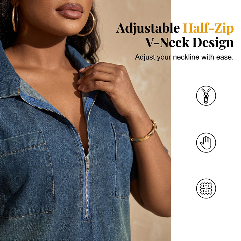 Women's Casual Half-Zip Denim Shirt Dress
