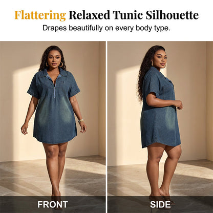 Women's Casual Half-Zip Denim Shirt Dress