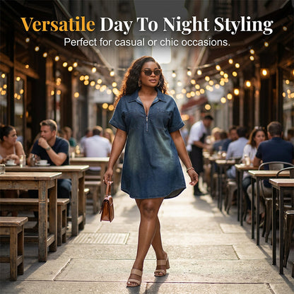 Women's Casual Half-Zip Denim Shirt Dress